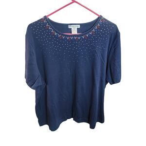 Bonnie Evans 3X Blue Short Sleeve Blouse Studded Rhinestone Beaded Neck Knit Top